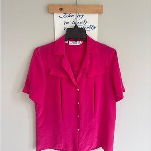 CHAUS Silk Shirt Pink Button Front Pocket Size 8 Collared Short Sleeves EUC